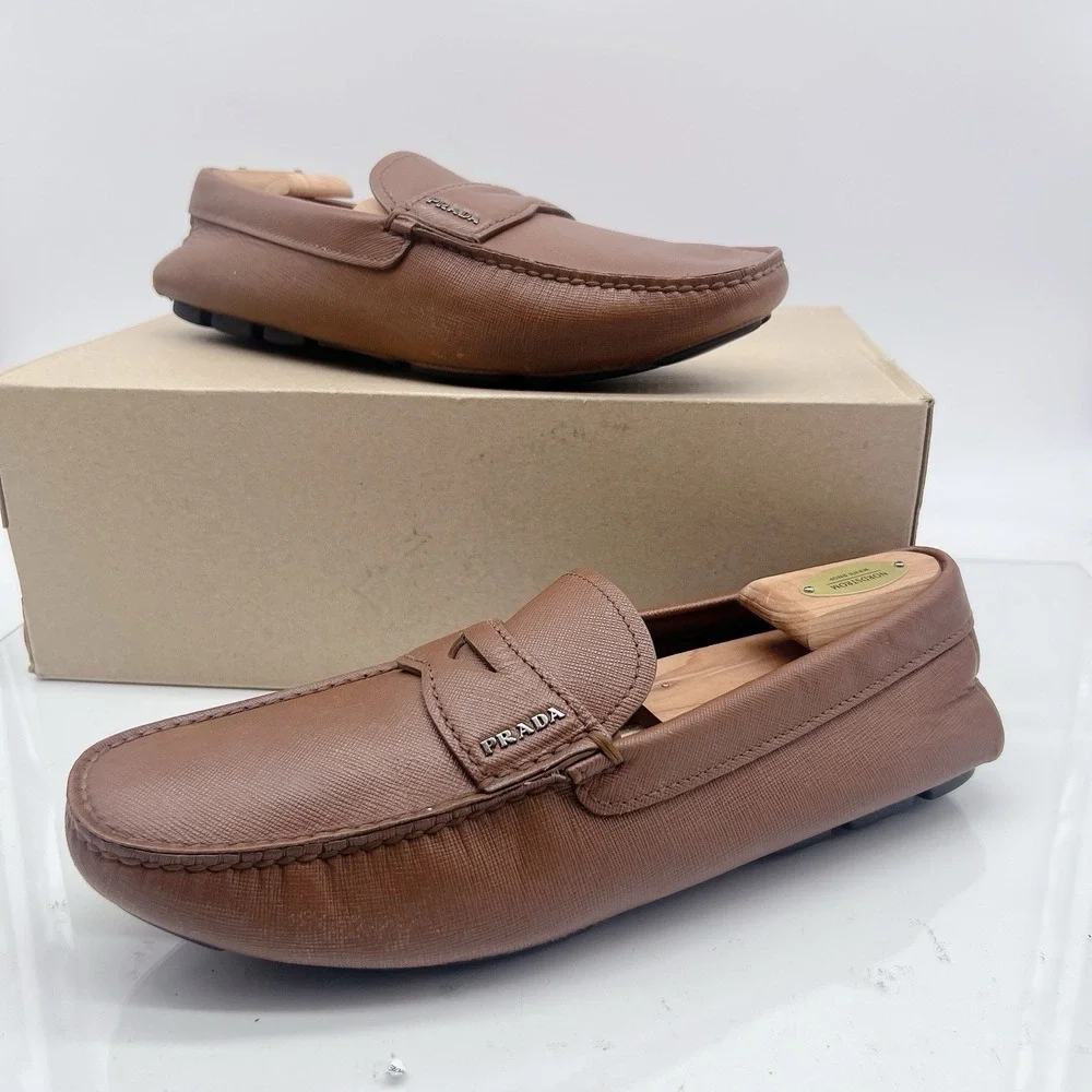 PRADA Saffiano Men's Driver Loafer Logo Ostrich BrownLeather 2DD151 EU 41 US 8